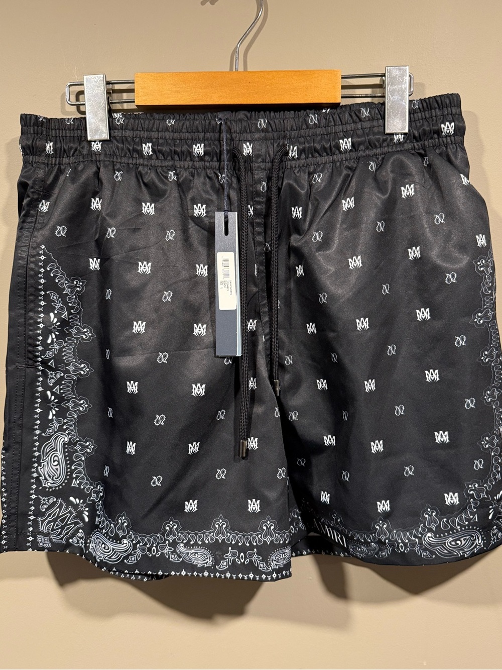 Amiri Black Bandana Paisley Monogram Print Mens Swim Trunks